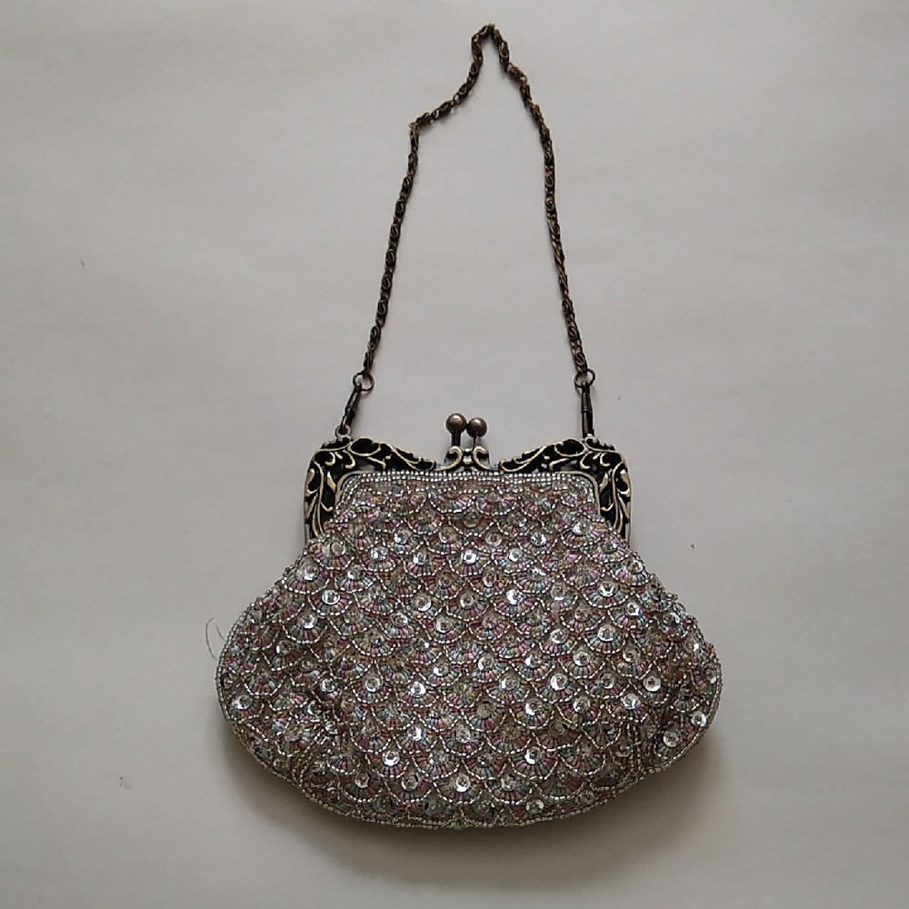 Elegant Silver Beaded Evening Bag
